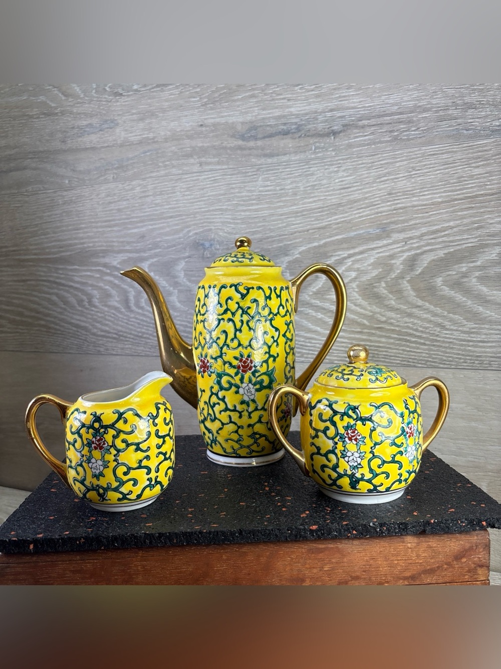 Vintage Heygill Imports Porcelain Yellow Teapot, Covered Sugar & Creamer